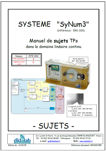 Manuel de Travaux Pratiques (sujets), asservissements de vitesse et position dans le domaine linaire continu (Rf : ERD100050) 2/4